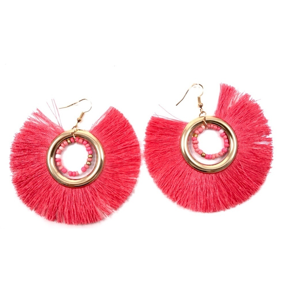 Large gold hoop coral tassel circle earrings